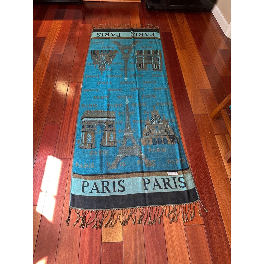 Paris Landmark Scarf Teal Bronze Eiffel Tower Viscose Pashmina Wrap Fringe